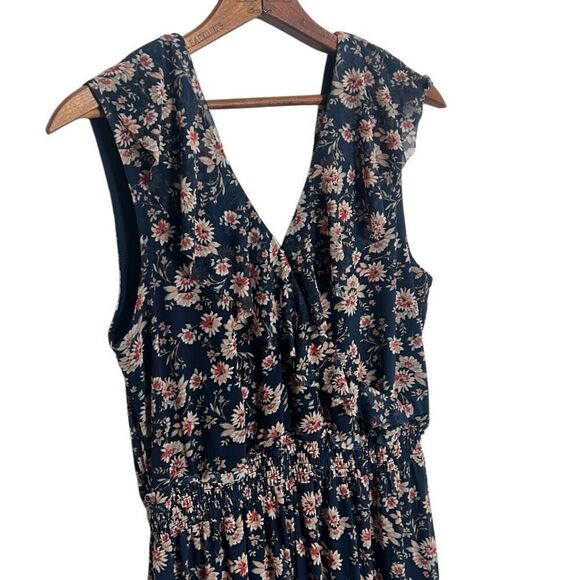 American Rag Floral V Neck Ruffle Sleeveless A Line Dress Navy Blue Large - Picture 2 of 7